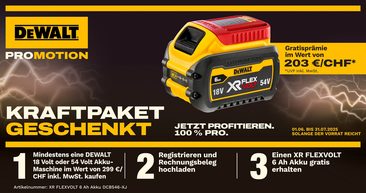 🛠️ DeWalt Kraftpaket-Aktion 2025: Gratis XR FLEXVOLT 6 Ah Akku sichern!