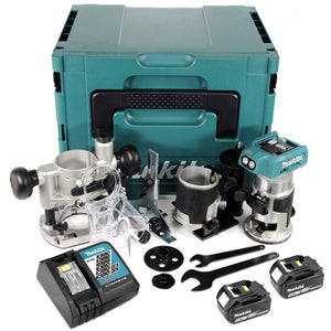 Makita DRT 50 RTJ X2 18 V Li-Ion Affleureuse plaque de plâtre sans fil Brushless avec boîtier Makpac + 2x Batteries BL 1850 5,0 Ah + Chargeur DC18RC + Module de fraisage