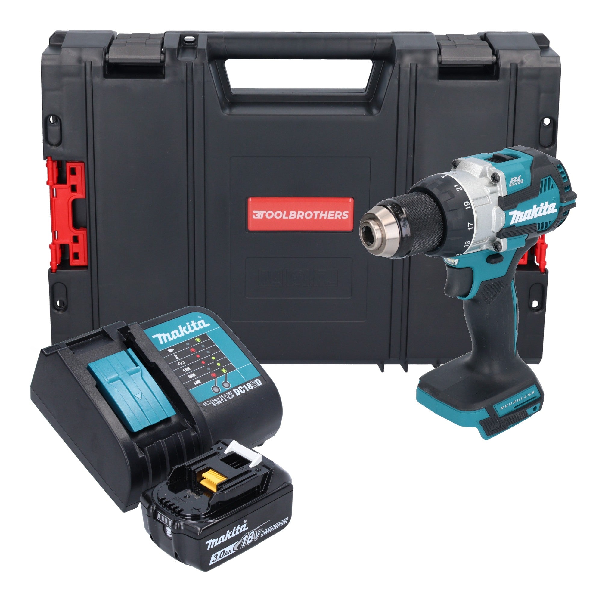 Makita DHP 489 SF1J R Akku Schlagbohrschrauber 18 V 73 Nm Brushless 1x Akku 3 0 Ah Ladegeraet RHINO 0 - toolbrothers