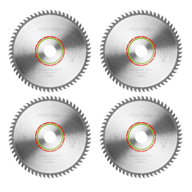 Festool HW 210x2,4x30 TF60 Lame circulaire LAMINATE/HPL 4 pces ( 4x 493200 ) 210 x 2,4 x 30 mm 60 dents pour stratifiés, panneaux revêtus, verre acrylique, panneaux de résine mélaminée et matériaux minéraux