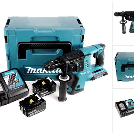 Makita DHR 264 2 x 18 V / 36 V Li-Ion SDS Plus Akku-Bohrhammer in Makpac 4 mit Einlage + 2 x BL 1850 B 18 V 5,0 Ah Li-Ion Akku + 1 x DC18RC Ladegerät + 5 tlg. Hartmetall Bohrer Set für Mauerwerk und Beton - Toolbrothers
