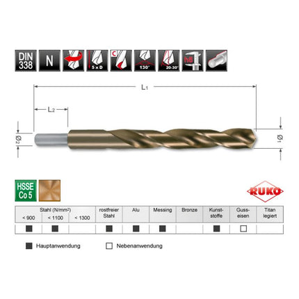 RUKO Foret hélicoïdal DIN 338 Type N d. nominal 11,5 mm HSS-Co5 ( 4000600096 )