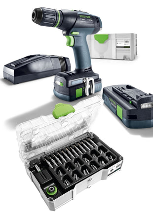 Festool Akku Bohrschrauber T 18+3 Li im T-LOC mit 2 x 3,1 Ah Akkus und Ladegerät ( 575596 ) + Centrotec Set im Mini Systainer ( 203817 ) - Toolbrothers