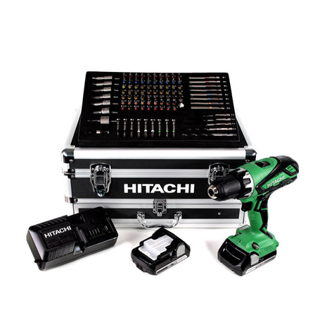 Hitachi KC 18 DJLF 18V Akku Bohrschrauber + 2x 2,5 Ah Akkus mit Ladegerät + 100-teiliges Schraub- und Bohr-Set + hochwertiger Aluminium Transportkoffer - Toolbrothers