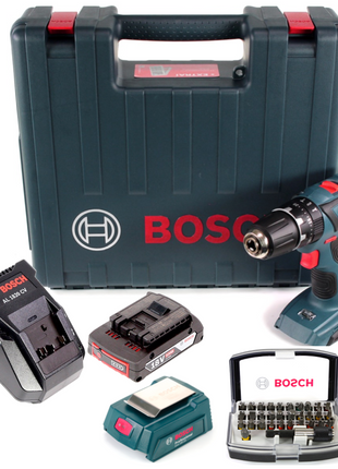 Bosch GSB 18-2-Li Plus Schlagbohrschrauber Professional 18 V im Koffer + 1x GBA 2,0 Ah Akku + Bosch AL 1820 CV Schnellladegerät + Bosch 32 teiliges Bit Set + Bosch USB Ladegerät Adapter für 18V Akkus - Toolbrothers