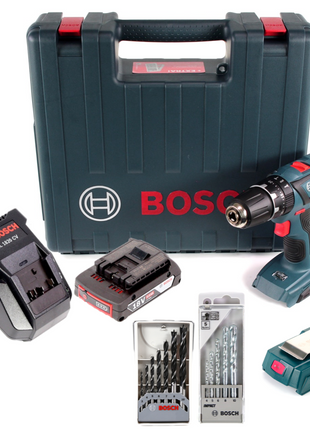 Bosch GSB 18-2-Li Plus Schlagbohrschrauber Professional 18 V im Koffer + 1x GBA 2,0 Ah + Schnellladegerät + 5 tlg. Steinbohrer Set + 7 tlg. Holzbohrer Set + USB Ladegerät Adapter - Toolbrothers