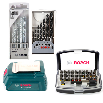 Bosch GSB 18-2-Li Plus Schlagbohrschrauber Professional 18 V im Koffer + 2x GBA 2,0 Ah + Bosch AL 1820 CV Schnellladegerät + Bosch 32 teiliges Bit Set + Bosch 5 tlg. Steinbohrer Set + Bosch Holzbohrer Set 7 tlg + Bosch USB Ladegerät Adapter - Toolbrothers