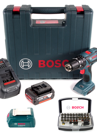 Bosch GSB 18-2-Li Plus Schlagbohrschrauber Professional 18 V im Koffer + 1x GBA 6,0 Ah Akku + Bosch GAL 1880 CV Schnellladegerät + Bosch 32 teiliges Bit Set + Bosch USB Ladegerät Adapter für 18V Akkus - Toolbrothers