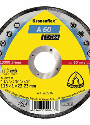 KLINGSPOR Disque à tronçonner A 60 Extra D115x1 mm droit ( 4000841304 )