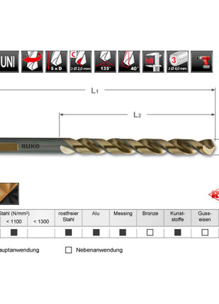 RUKO Foret hélicoïdal Format DIN DIN 338 Type UNI d. nominal 10 mm ( 8000425847 )