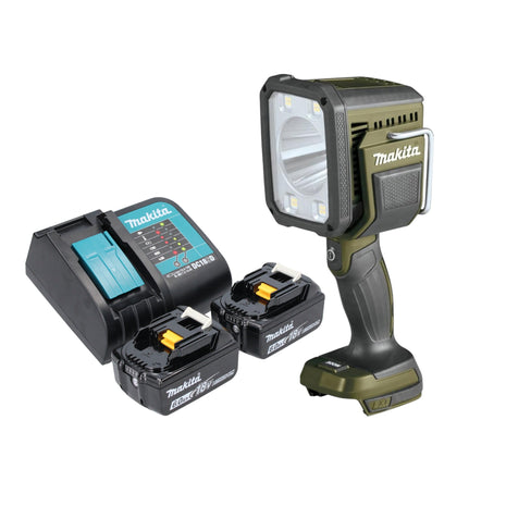 Makita DML 812 SG Foco manual a batería 18 V 1250 lm LED verde oliva edición especial para aventuras al aire libre + 2x baterías 6,0 Ah + cargador