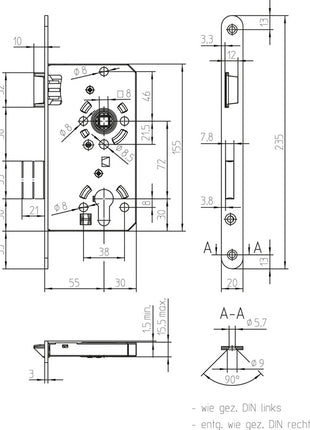 SSF Zimmertür-Einsteckschloss  PZW 20/ 55/72/8 mm DIN links ( 3000251014 )