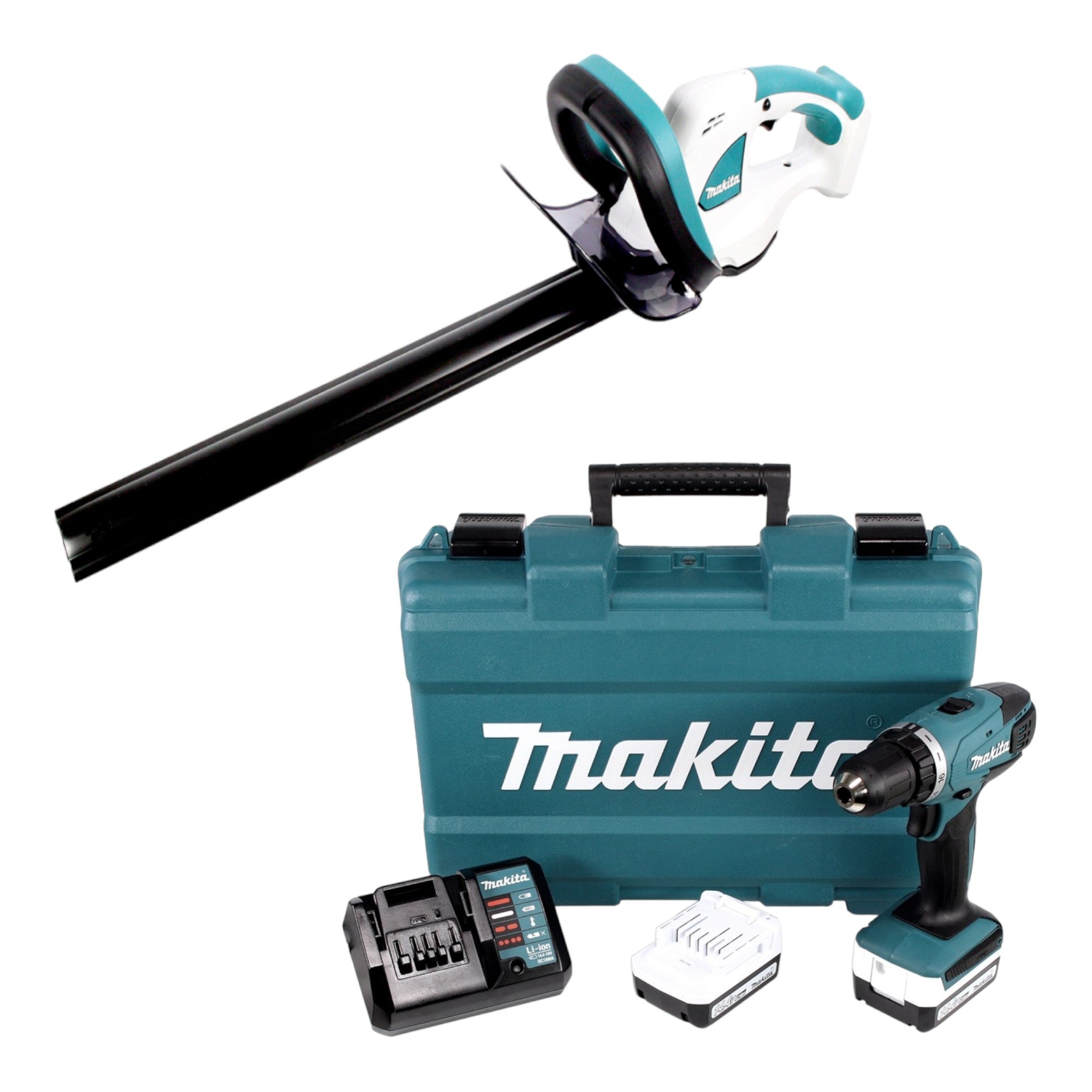 Makita Kombo Kit UH 480 DZ Akku Heckenschere DF 347 DWE Akku Bohrschrauber 14 4 V 2x Akku 1 5 Ah Ladegeraet 0 - toolbrothers