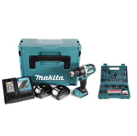 Makita DHP 484 RTJ 18 V Brushless Li-Ion Akku Schlagbohrschrauber im Makpac inkl. 2x 5,0 Ah Akku und Ladegerät + Makita B-53811 Bit & Bohrer-Set 100-teilig - Toolbrothers