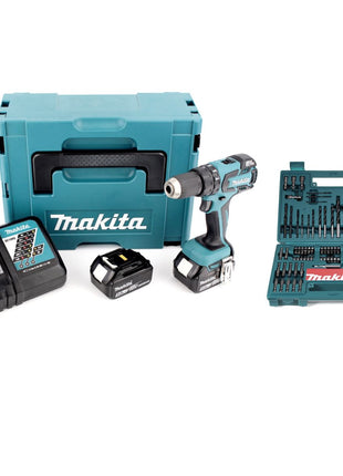 Makita DHP 459 RTJ 18 V Akku Schlagbohrschrauber im Makpac + 2x BL 1850 B 5 Ah Akku + Ladegerät + Makita B-53811 Bit & Bohrer-Set 100-teilig - Toolbrothers