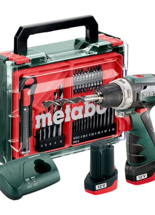 Metabo Powermaxx BS Basic Set taladro atornillador inalámbrico 12 V 34 Nm (600080710) + 2 baterías 2,0 Ah + cargador + set de accesorios 41 piezas + maletín