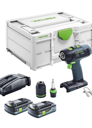 Festool T 18+3 Basic akumulatorowa wiertarko-wkrętarka 18 V 50 Nm bezszczotkowa + 2x akumulator 4,0 Ah + szybka ładowarka + systainer