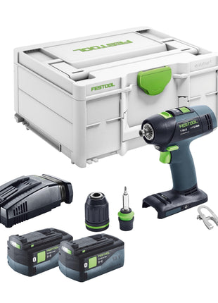 Festool T 18+3 Basic akumulatorowa wiertarko-wkrętarka 18 V 50 Nm bezszczotkowa + 2x akumulator 5,0 Ah + szybka ładowarka + systainer