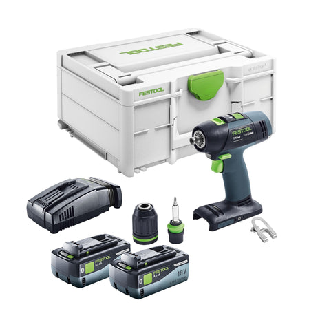 Akumulatorowa wiertarko-wkrętarka Festool T 18+3 Basic 18 V 50 Nm bezszczotkowa + 2x akumulator 8,0 Ah + szybka ładowarka + systainer