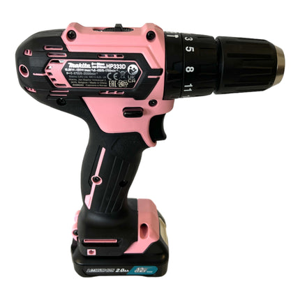 Makita HP 333 DSAP1 Perceuse-visseuse à percussion sans fil 12 V 30 Nm rose + 1x batterie 2,0 Ah + chargeur + étui