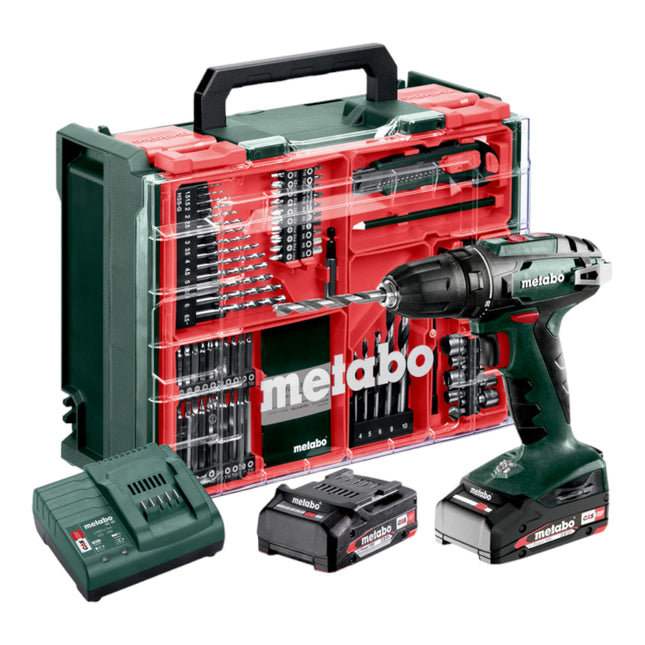 Metabo BS 18 Set Perceuse-visseuse sans fil 18 V 48 Nm ( 602207710 ) + 2x batterie 2,0 Ah + chargeur + 74 pces atelier mobile + coffret