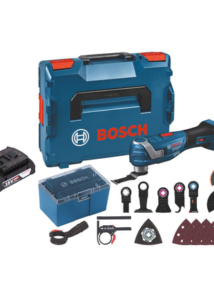 Bosch GOP 18V-34 Professional Cutter multifonctions sans fil 18 V Starlock Plus + 1x batterie 2,0 Ah + 17 pces accessoires + L-Boxx - sans chargeur