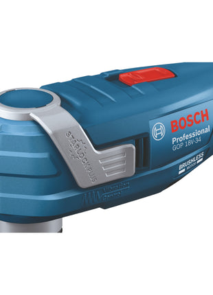 Bosch GOP 18V-34 Professional Cutter multifonctions sans fil 18 V Starlock Plus + 1x batterie 2,0 Ah + 17 pces accessoires + L-Boxx - sans chargeur