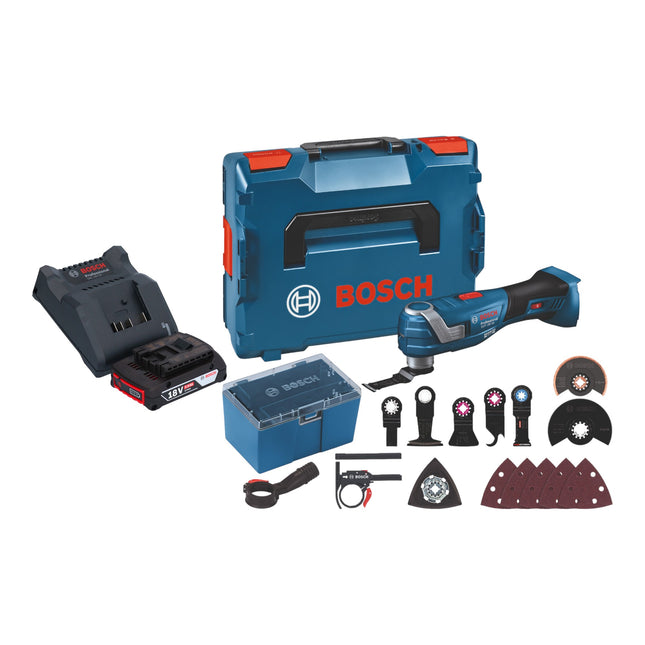 Bosch GOP 18V-34 Professional Cutter multifonction sans fil 18 V Starlock Plus + 1x batterie 2,0 Ah + chargeur + 17 pces. d'accessoires + L-Boxx