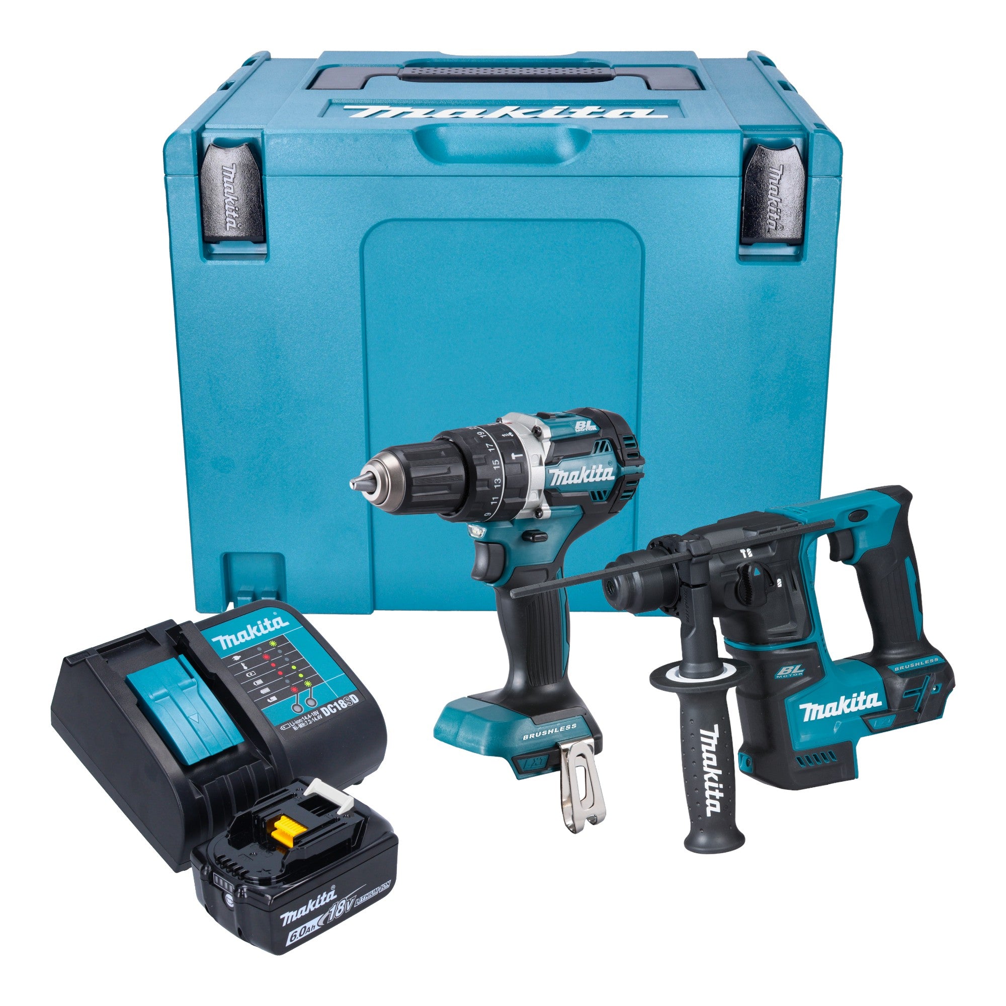 Makita DLX 2278 SG1J Akku Kombo Kit DHP 484 Schlagbohrschrauber 54 Nm DHR 171 Bohrhammer 1 2 J 1x Akku 6 0 Ah Ladegeraet Makpac 0 - toolbrothers