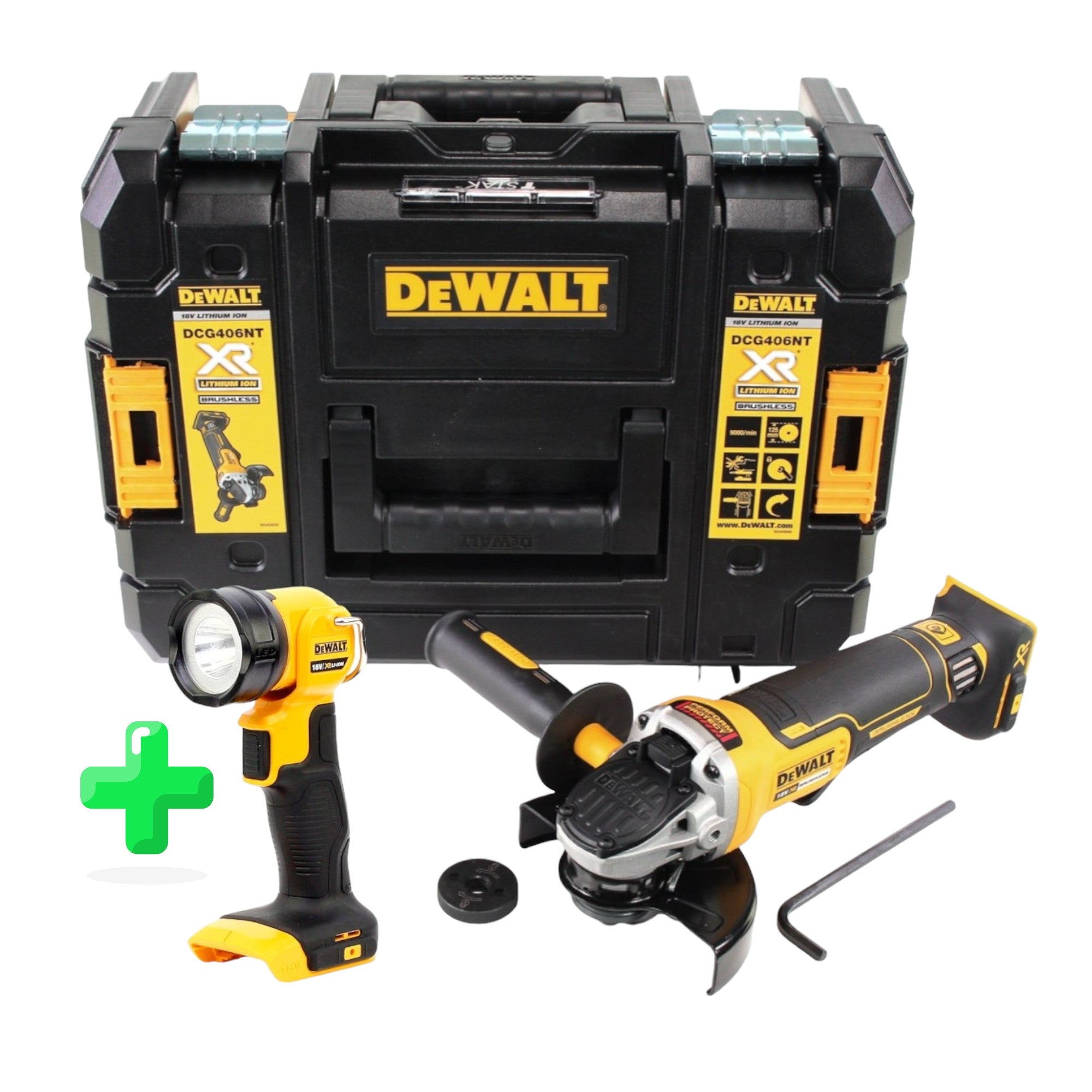 DeWalt DCG 406 NT Akku Winkelschleifer 18V 125mm Brushless Solo TSTAK DeWalt DCL 040 18V XR Li Ion Akku Lampe 1 - toolbrothers