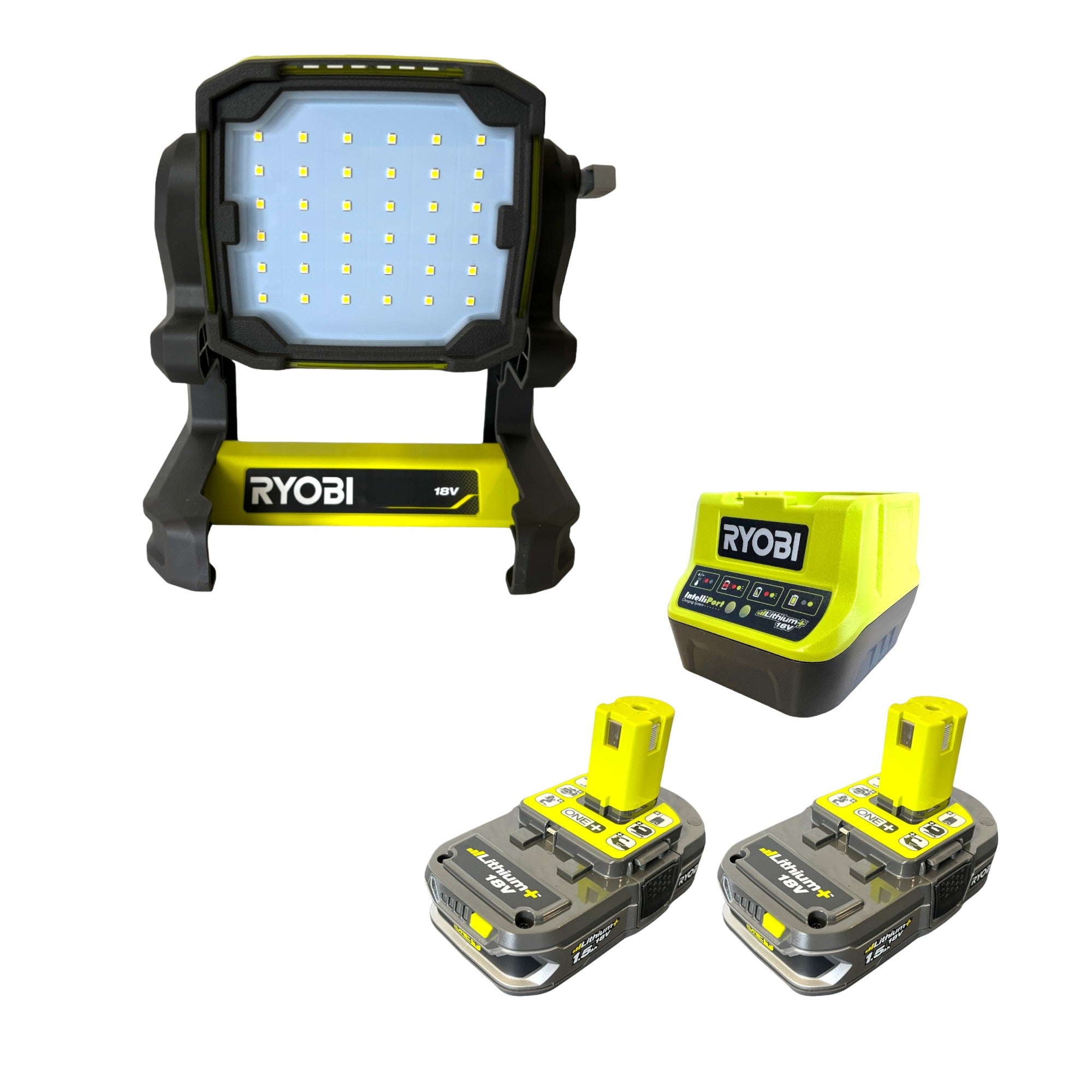 RYOBI RLFD18 215 Akku LED Strahler 18 V 1800 lm 2x Akku 1 5 Ah Ladegeraet 0 - toolbrothers