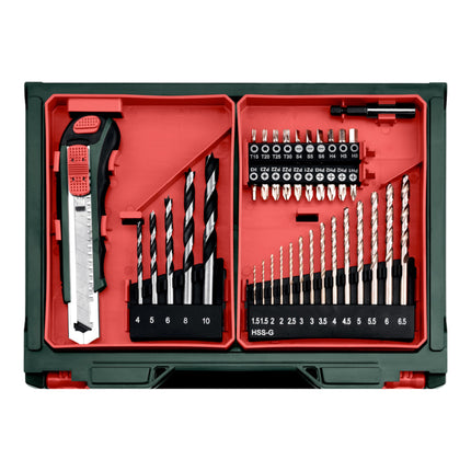 Metabo PowerMaxx SB Basic Set Perceuse-visseuse à percussion sans fil 12 V 34 Nm ( 600385710 ) + 2x batterie 2,0 Ah + chargeur + 41 pces. d'accessoires + coffret