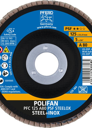 Arandela dentada PFERD POLIFAN A PSF STEELOX (8000429633) Ø 125 mm grano 80 cónica