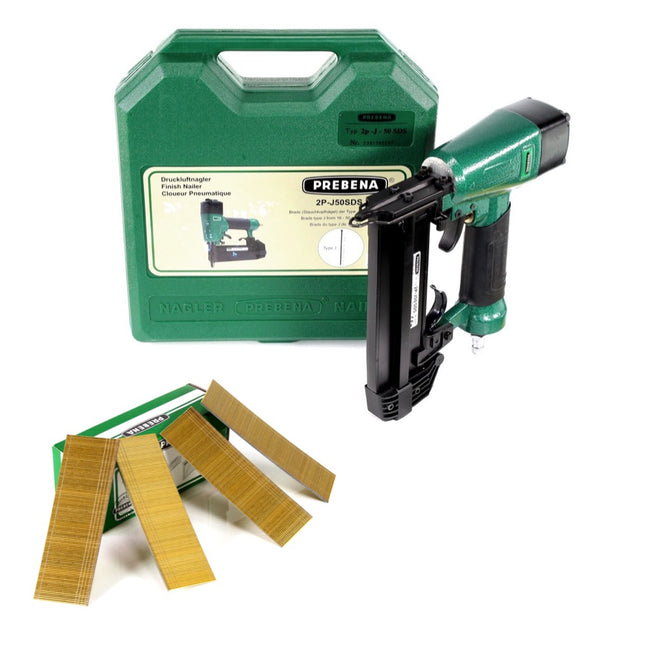 Prebena 2P-J50SDS Luftdruck Druckluftnagler 5-7 bar im Transportkoffer + Prebena Stauchkopfnägel Brads 40 mm 5000 Stück - aus verzinktem Stahl, geharzt - Toolbrothers