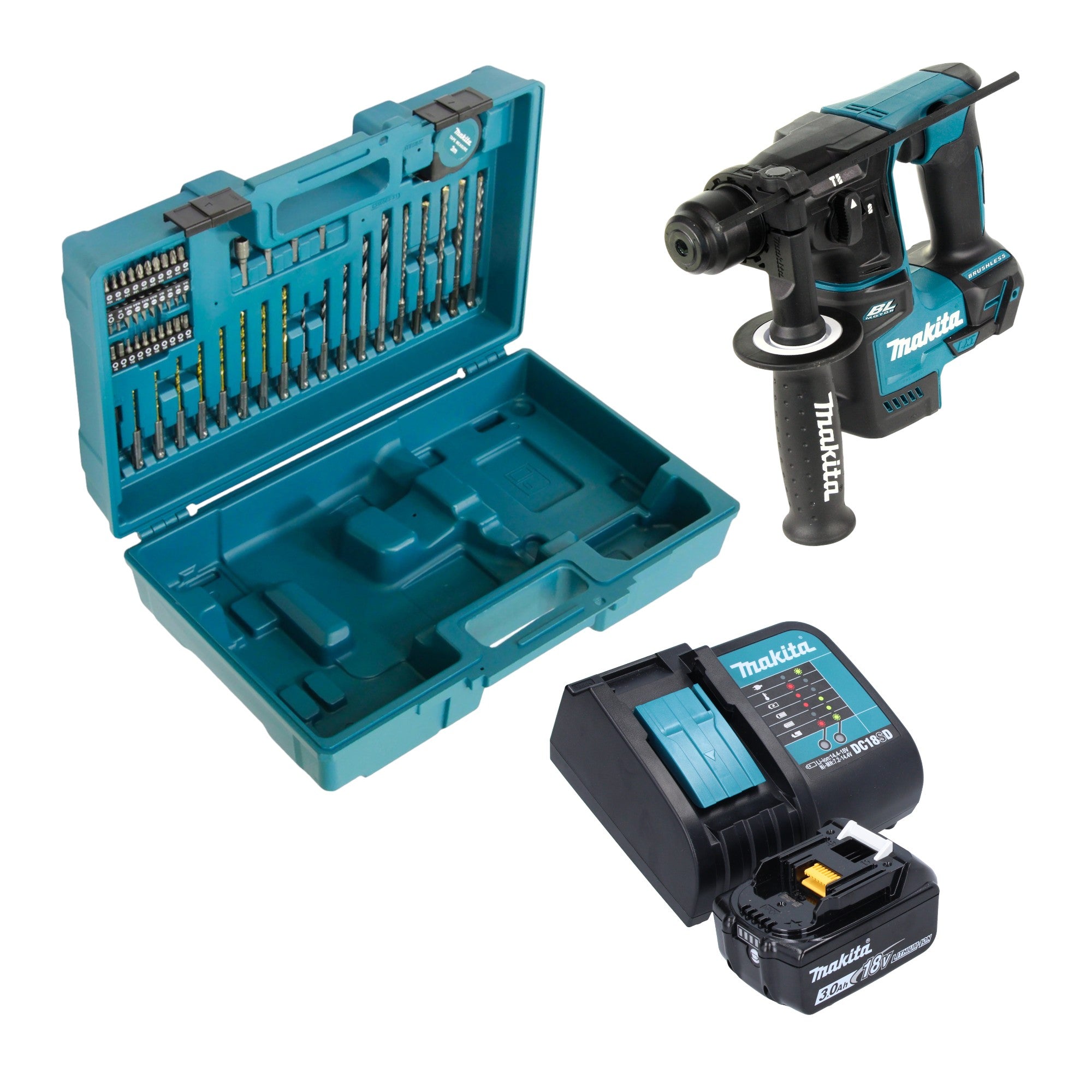 Makita DHR 171 SF1X3 Akku Bohrhammer 18 V 1 2 J SDS Plus Brushless 1x Akku 3 0 Ah Ladegeraet 65 tlg Zubehoer Set Koffer 0 - toolbrothers