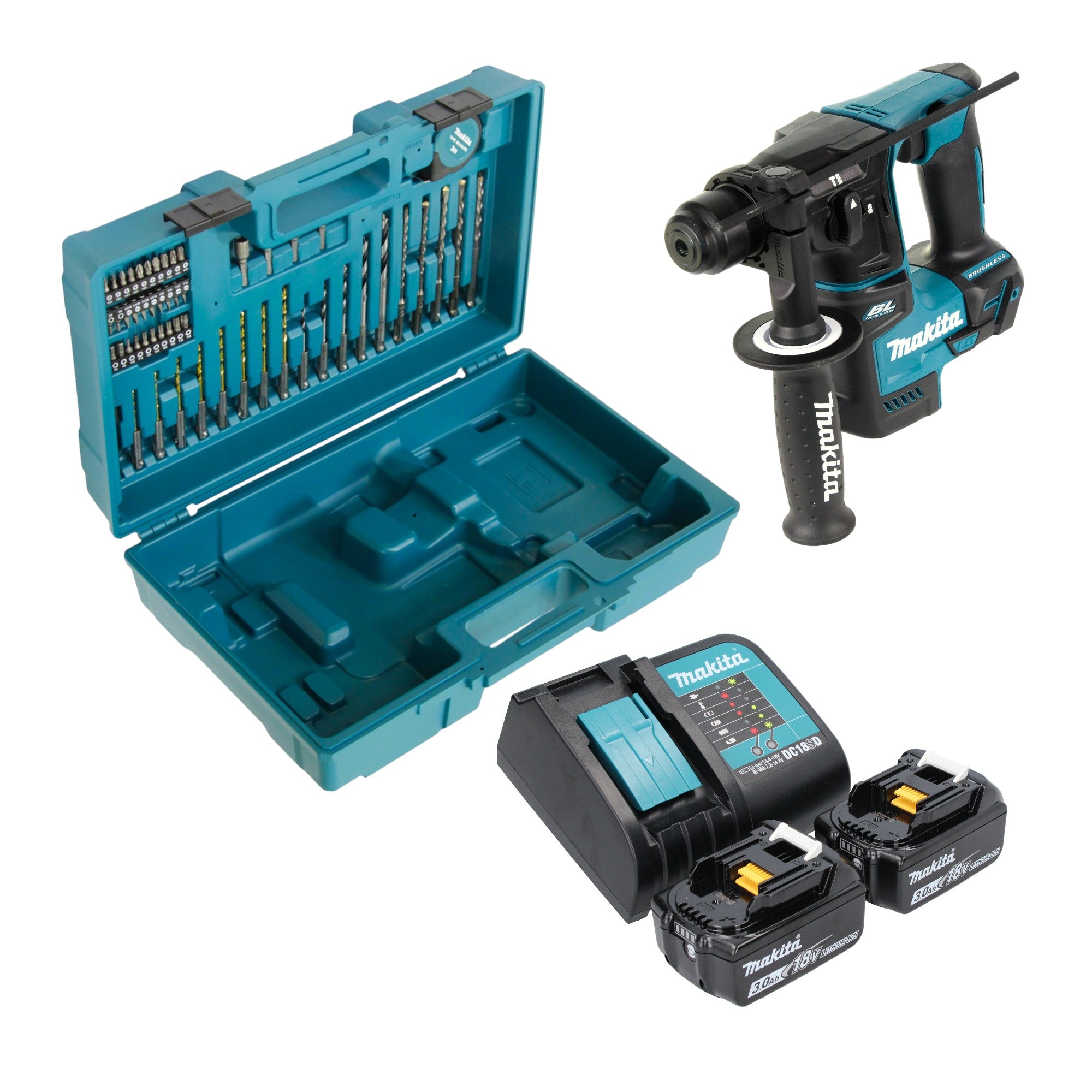 Makita DHR 171 SFX3 Akku Bohrhammer 18 V 1 2 J SDS Plus Brushless 2x Akku 3 0 Ah Ladegeraet 65 tlg Zubehoer Set Koffer 0 - toolbrothers
