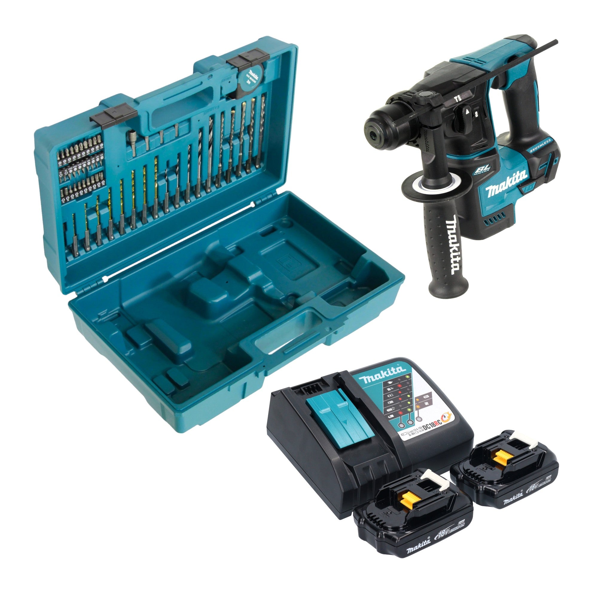 Makita DHR 171 RYX3 Akku Bohrhammer 18 V 1 2 J SDS Plus Brushless 2x Akku 1 5 Ah Ladegeraet 65 tlg Zubehoer Set Koffer 0 - toolbrothers