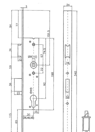 Serrure à encastrer pour cadre tubulaire Bever ( 3000251217 ) PZW 24/40/92/10 mm DIN gauche / droite Sortie de pêne 22 mm 340 mm