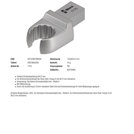 Clé à œil mâle Wera 7775 ( 8000377418 ) ouverture de clé 17 mm 9 x 12 mm