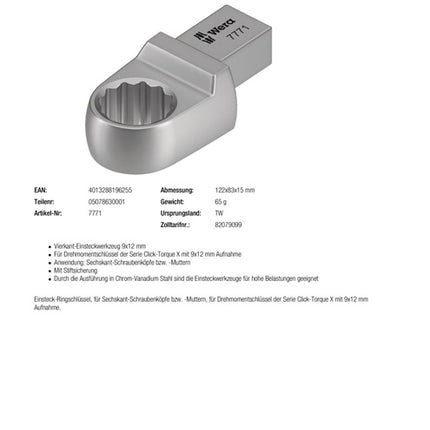 Clé polygonale à douille Wera 7771 ( 8000377406 ) ouverture de clé 17 mm 9 x 12 mm