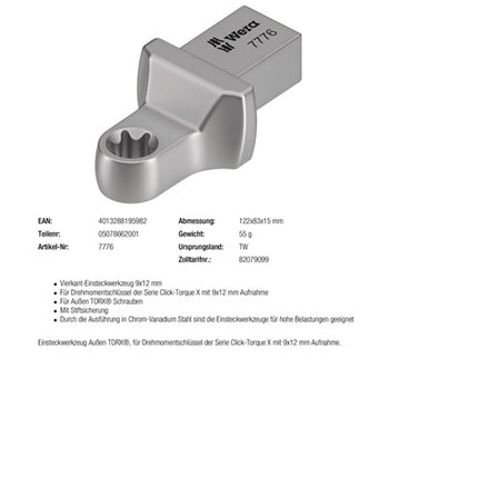 Clé à douille Wera 7776 ( 8000377438 ) ouverture de clé TX 10 9 x 12 mm