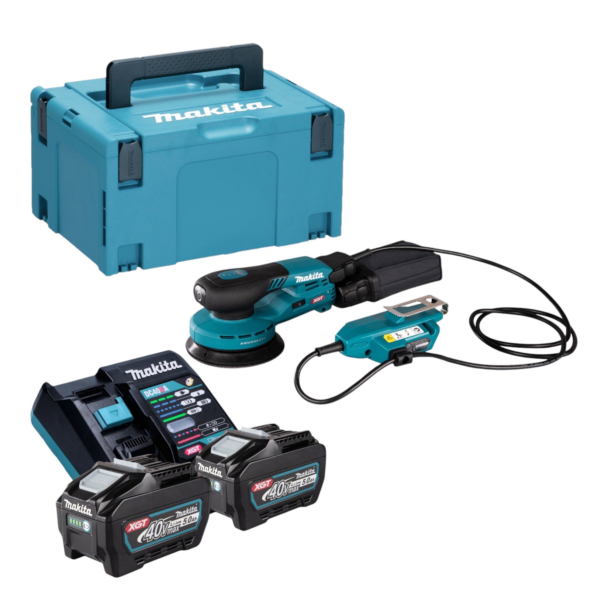 Makita BO 001 CGT201 Akku Exzenterschleifer 40 V max 125 mm 5 0 mm Hub Brushless 2x Akku 5 0 Ah Ladegeraet Makpac 0 - toolbrothers