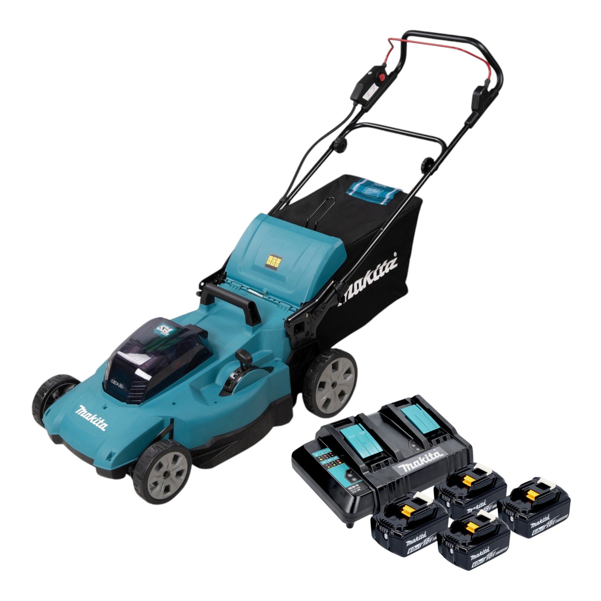 Makita DLM 538 CG4 Akku Rasenmaeher 36 V 2x 18 V 530 mm 4x Akku 6 0 Ah Ladegeraet 0 - toolbrothers