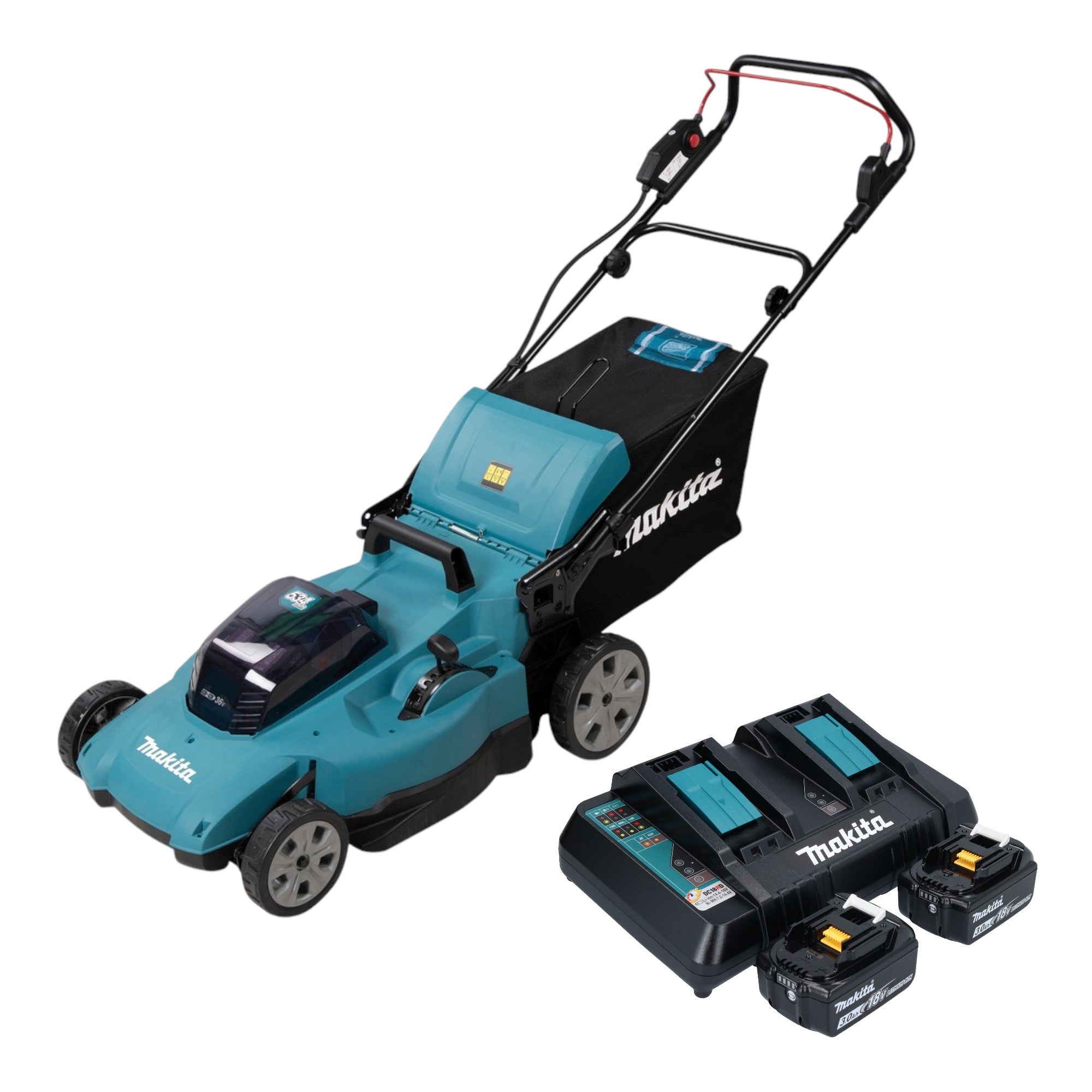 Makita DLM 538 PF2 Akku Rasenmaeher 36 V 2x 18 V 530 mm 2x Akku 3 0 Ah Ladegeraet 0 - toolbrothers