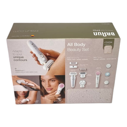 BRAUN Silk-pil 9 Flex 9-100 Coffret beauté Epilateur Femme + brosse nettoyante visage FaceSpa + 9 accessoires + housse blanche / dorée