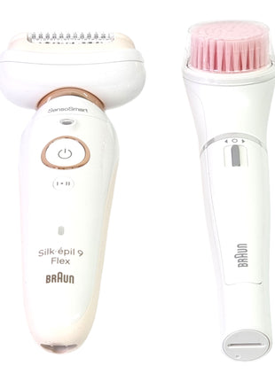 BRAUN Silk-épil 9 Flex 9-100 set de belleza depiladora/depiladora mujer + cepillo de limpieza facial FaceSpa + 9 accesorios + bolsa blanco/dorado