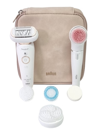 BRAUN Silk-épil 9 Flex 9-100 set de belleza depiladora/depiladora mujer + cepillo de limpieza facial FaceSpa + 9 accesorios + bolsa blanco/dorado