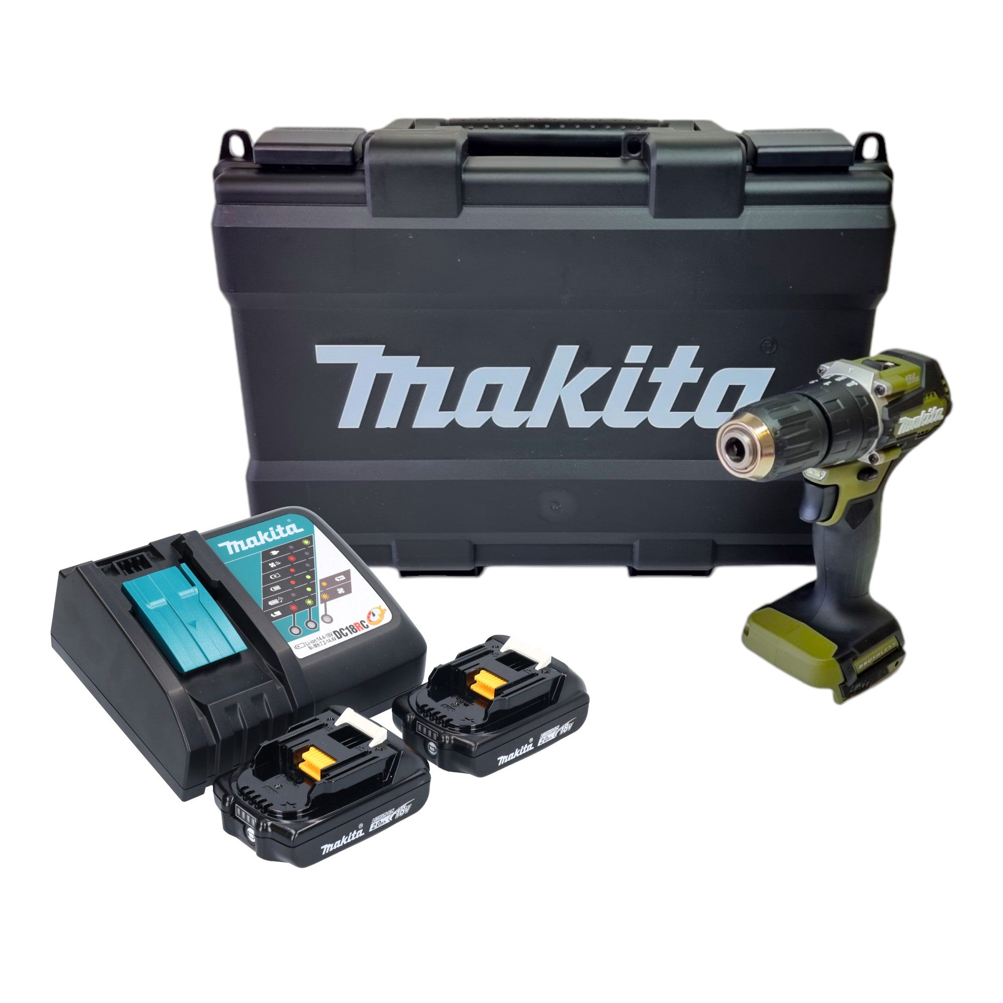 Makita DHP 487 RAKO Akku Schlagbohrschrauber 18 V 40 Nm Brushless Olive Outdoor Adventure Serie 2x Akku 2 0 Ah Ladegeraet Koffer 0 - toolbrothers