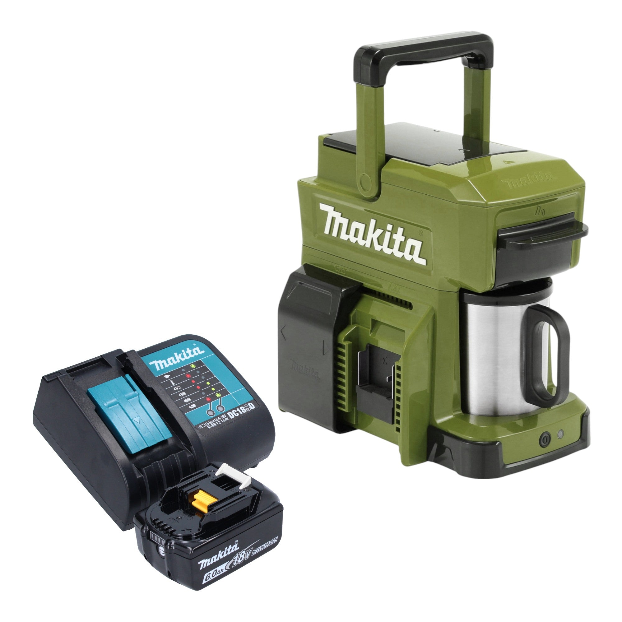 Makita DCM 501 SGO Akku Kaffeemaschine 12 V max 18 V Olive 1x Akku 6 0 Ah Ladegeraet 0 - toolbrothers