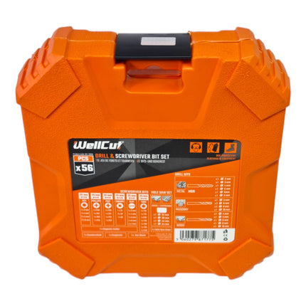 Jeu de 56 embouts et forets WellCut ( WC-DB56 ) PH / PZ / HEX / Schiltz / TX / Robertson Métal / Bois / Pierre Forets + mèches 32 - 54 mm